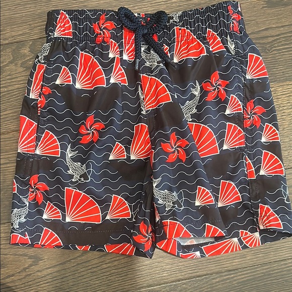 Vilebrequin Red and Black Swim Trunks with Geometric Fan Pattern